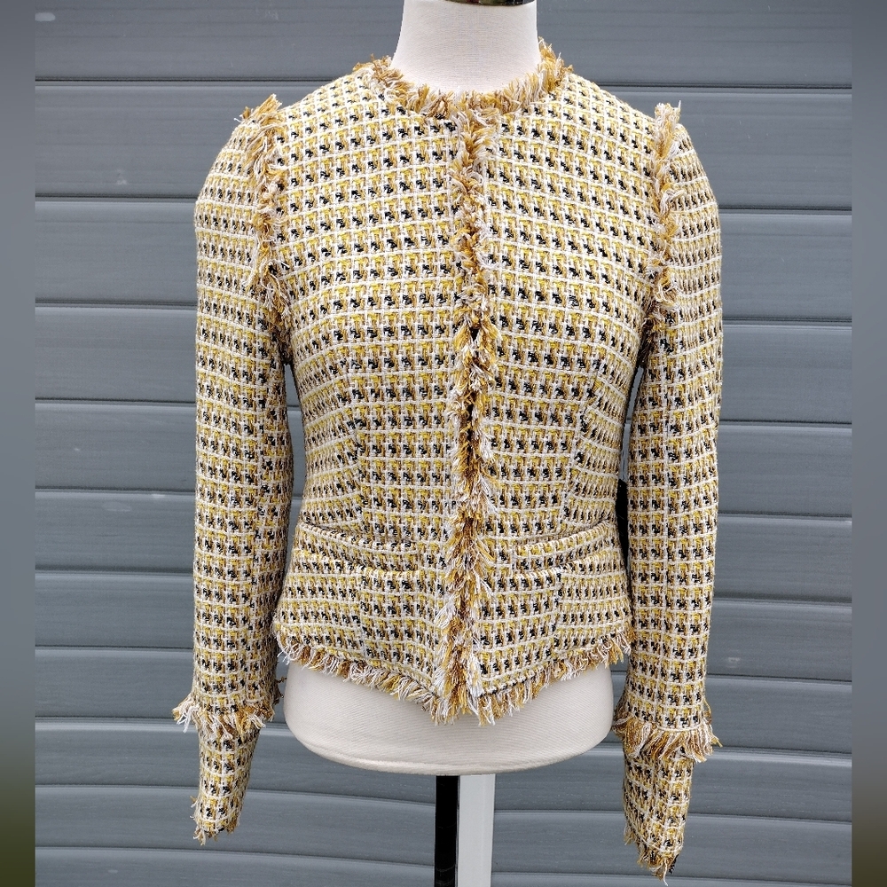 Lulus XS Boss Girl Tweed yellow Multi tiered Long sleeve fringed hook eye crop